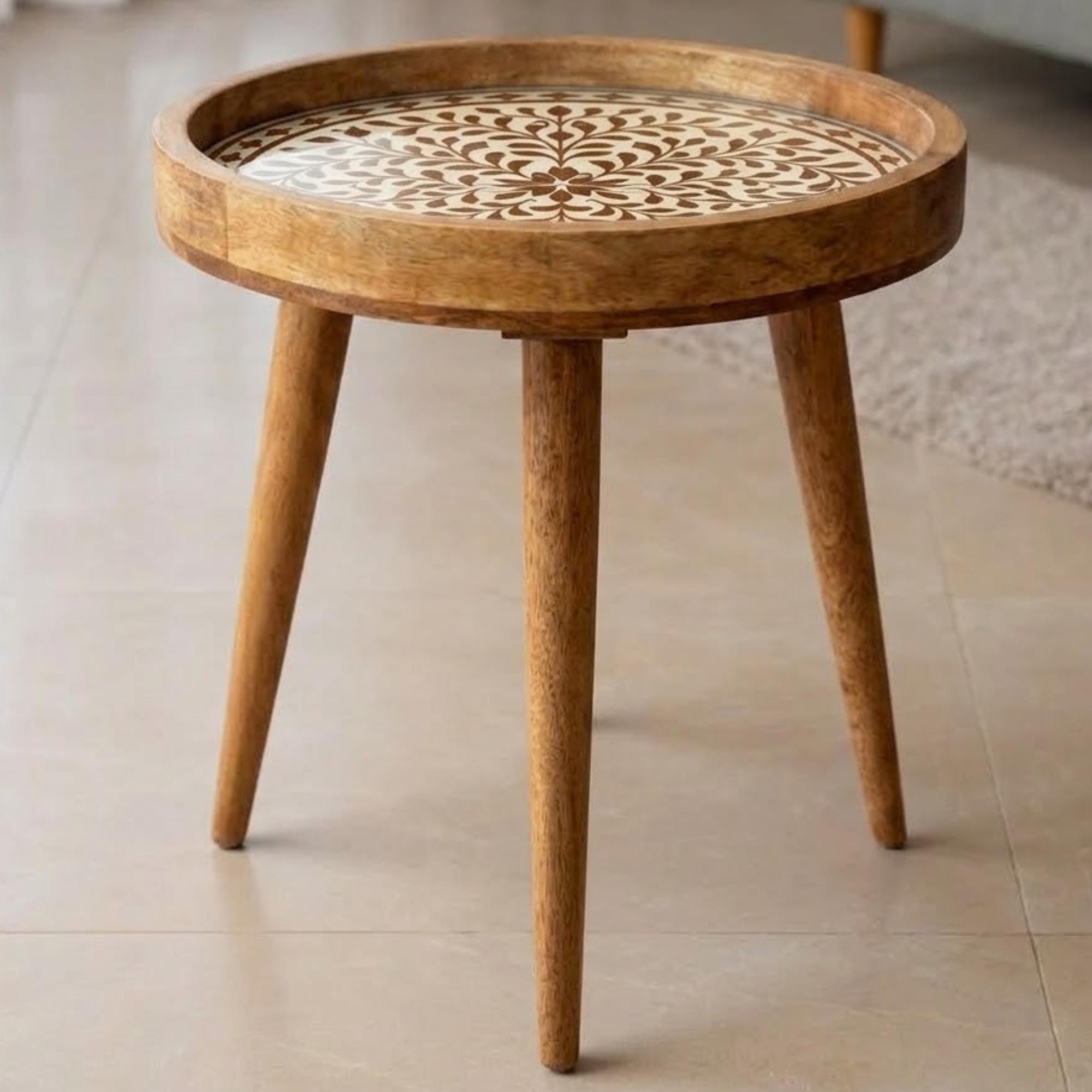 Handmade Mango Wood Side Table | Round Boho Accent Table with Printed Design