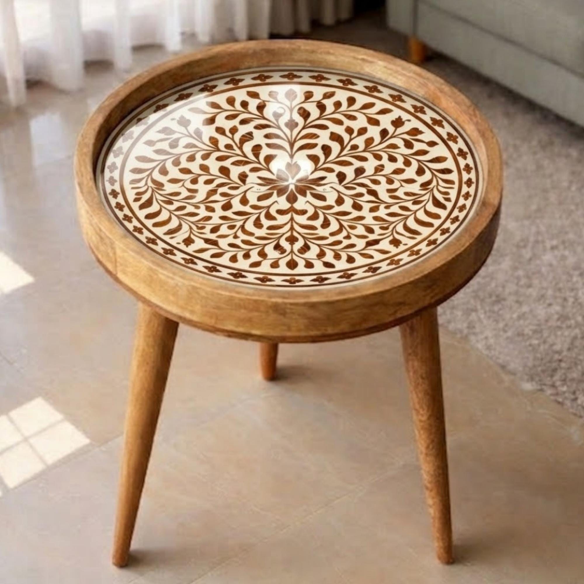 Handmade Mango Wood Side Table | Round Boho Accent Table with Printed Design