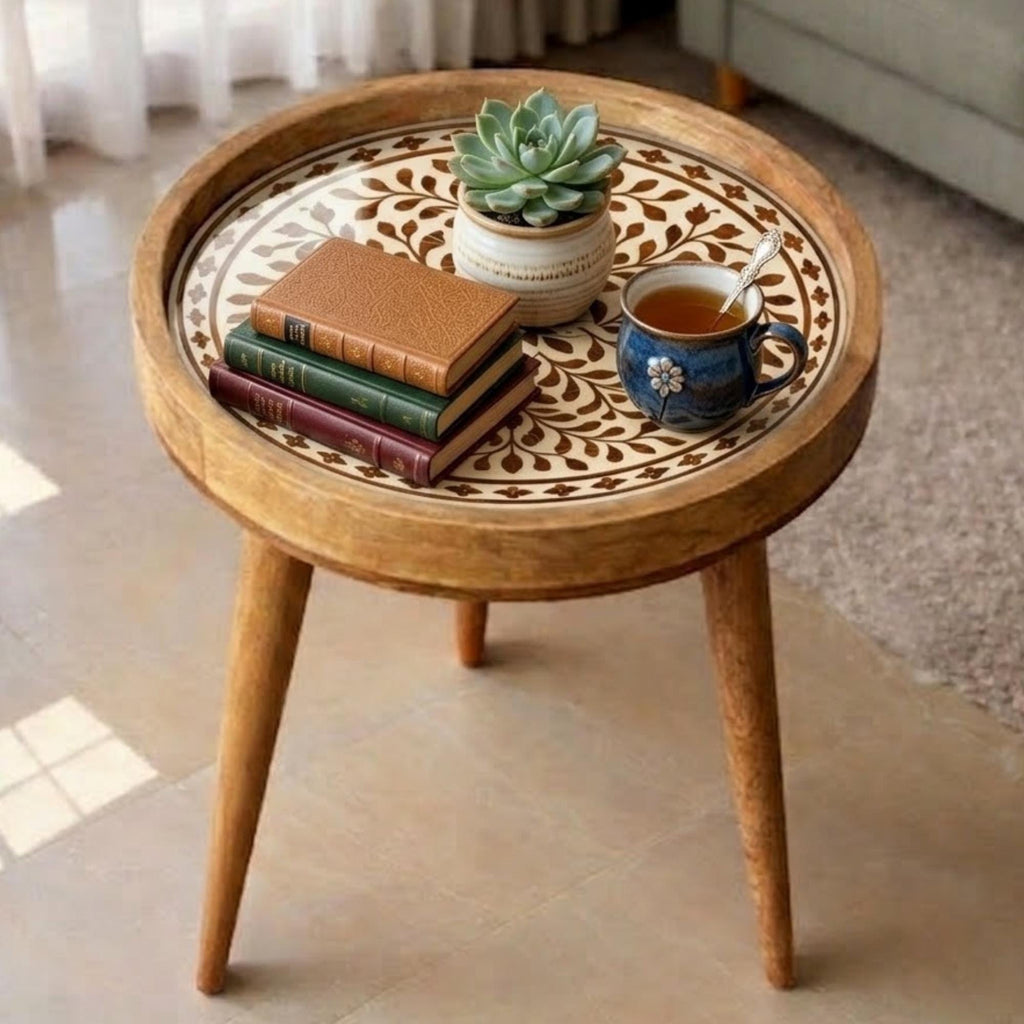 Handmade Mango Wood Side Table | Round Boho Accent Table with Printed Design