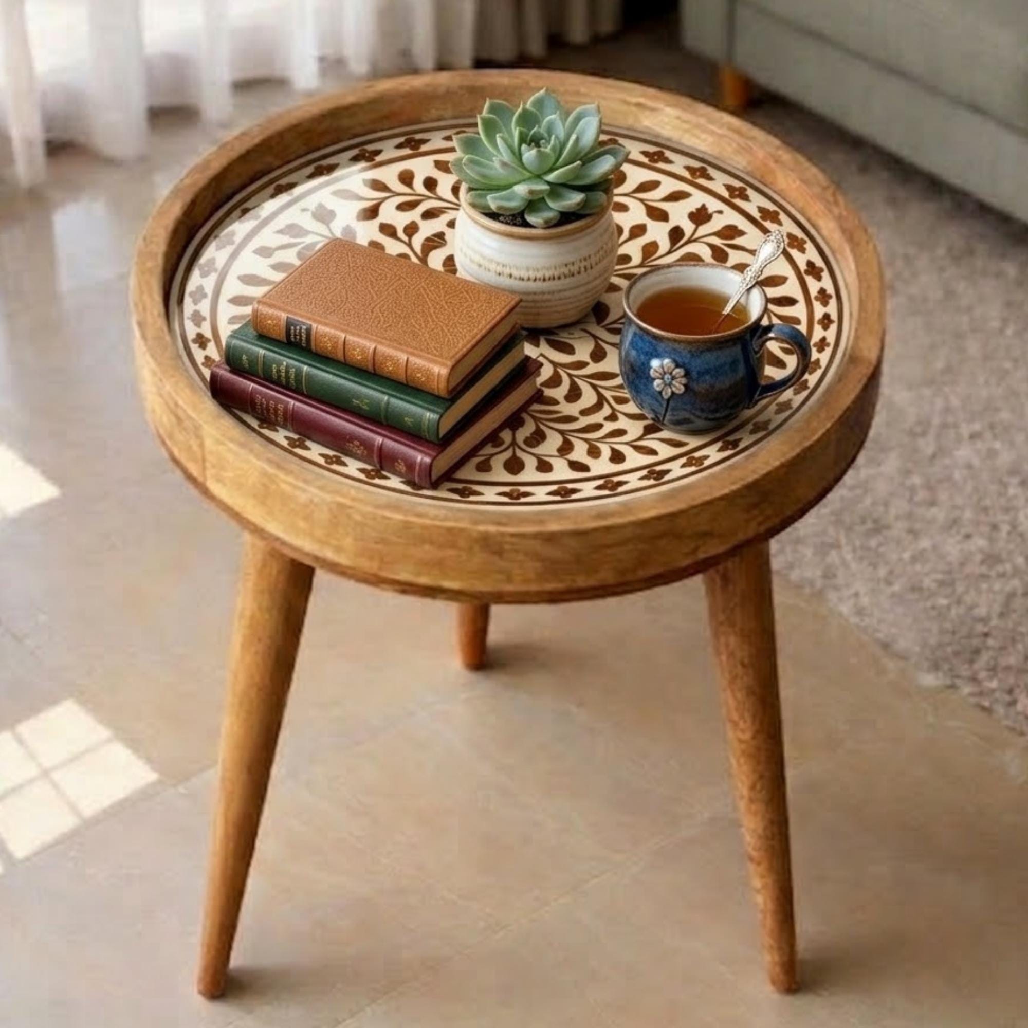 Handmade Mango Wood Side Table | Round Boho Accent Table with Printed Design