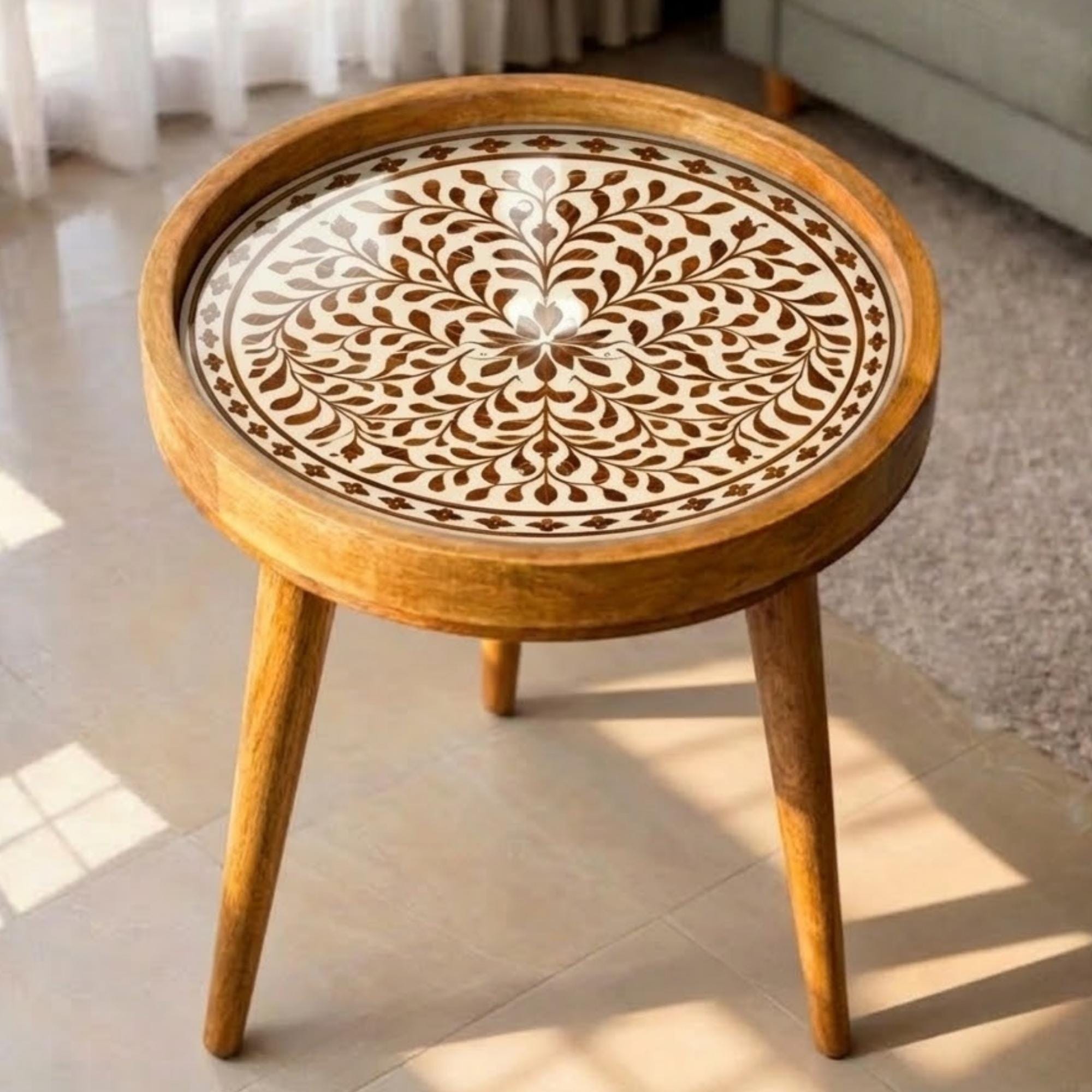 Handmade Mango Wood Side Table | Round Boho Accent Table with Printed Design