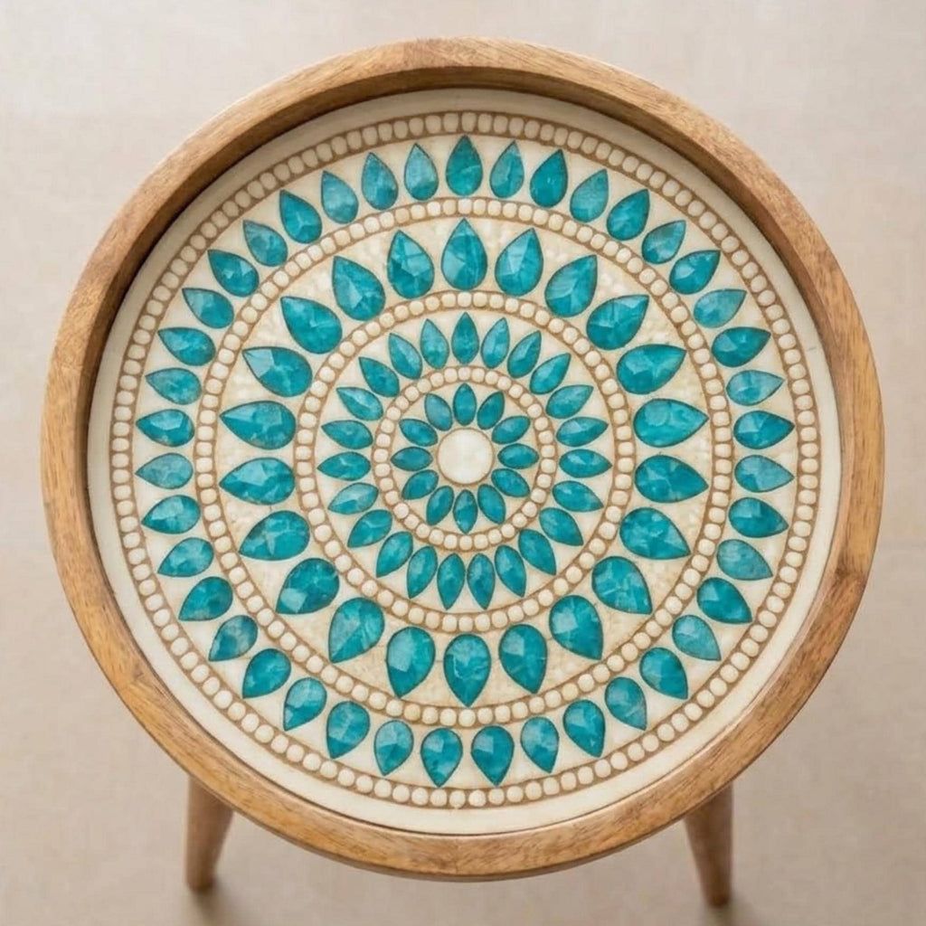 Handmade Turquoise Printed Mango Wood Round Side Table | Boho Accent Bedside Furniture