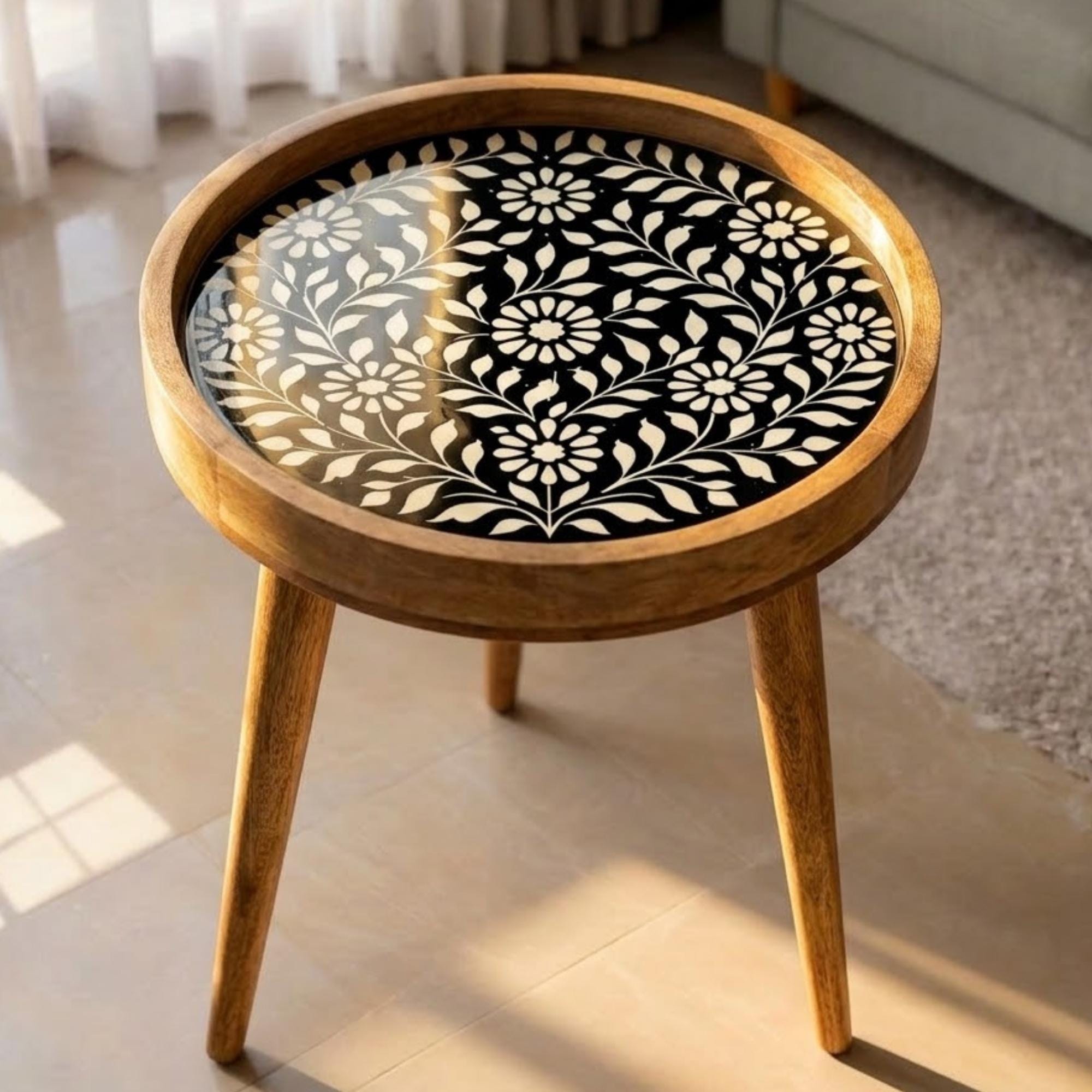 Handmade Mango Wood Side Table | Turquoise Floral Print Accent Table