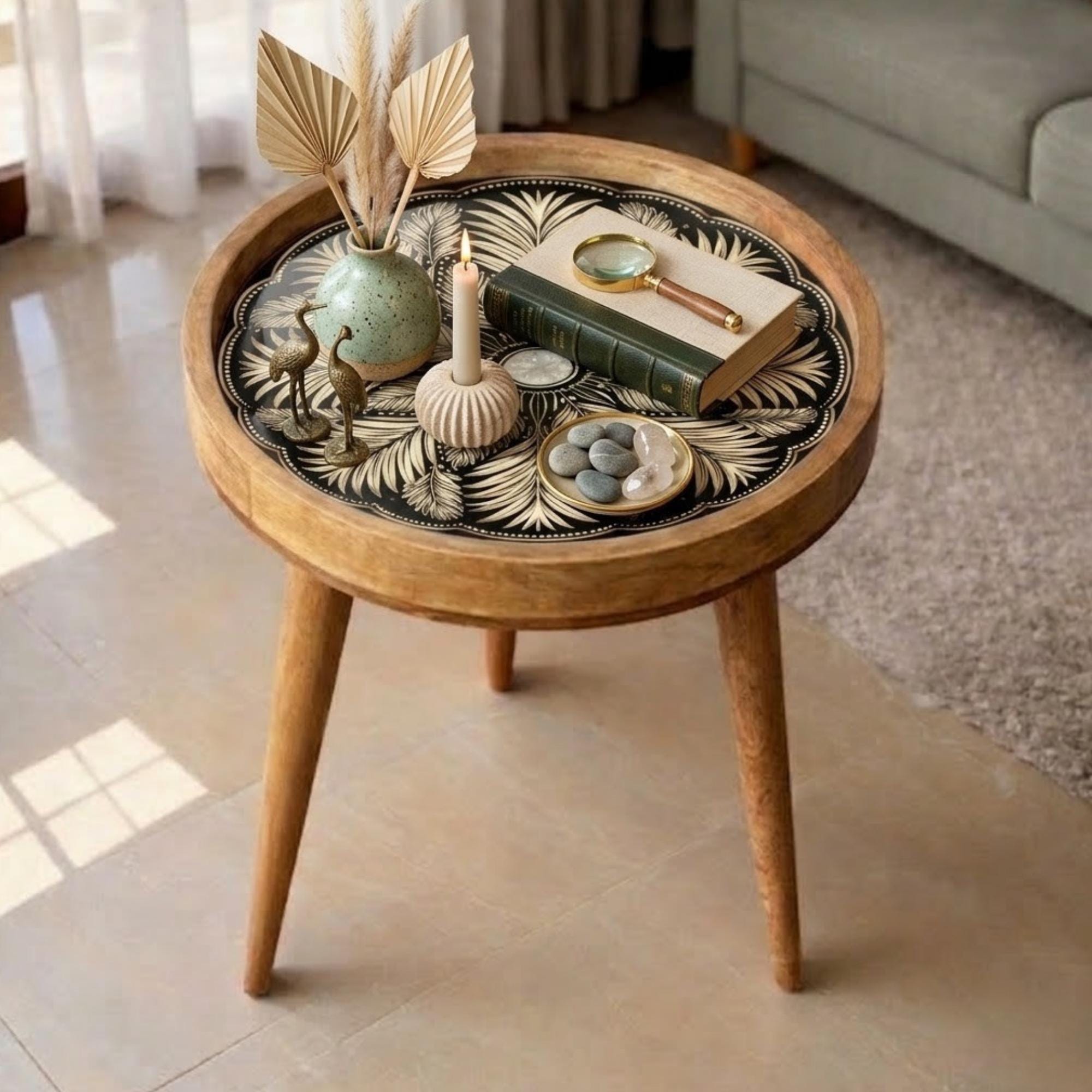 Handmade Mango Wood Side Table | Round Floral Boho Accent Table