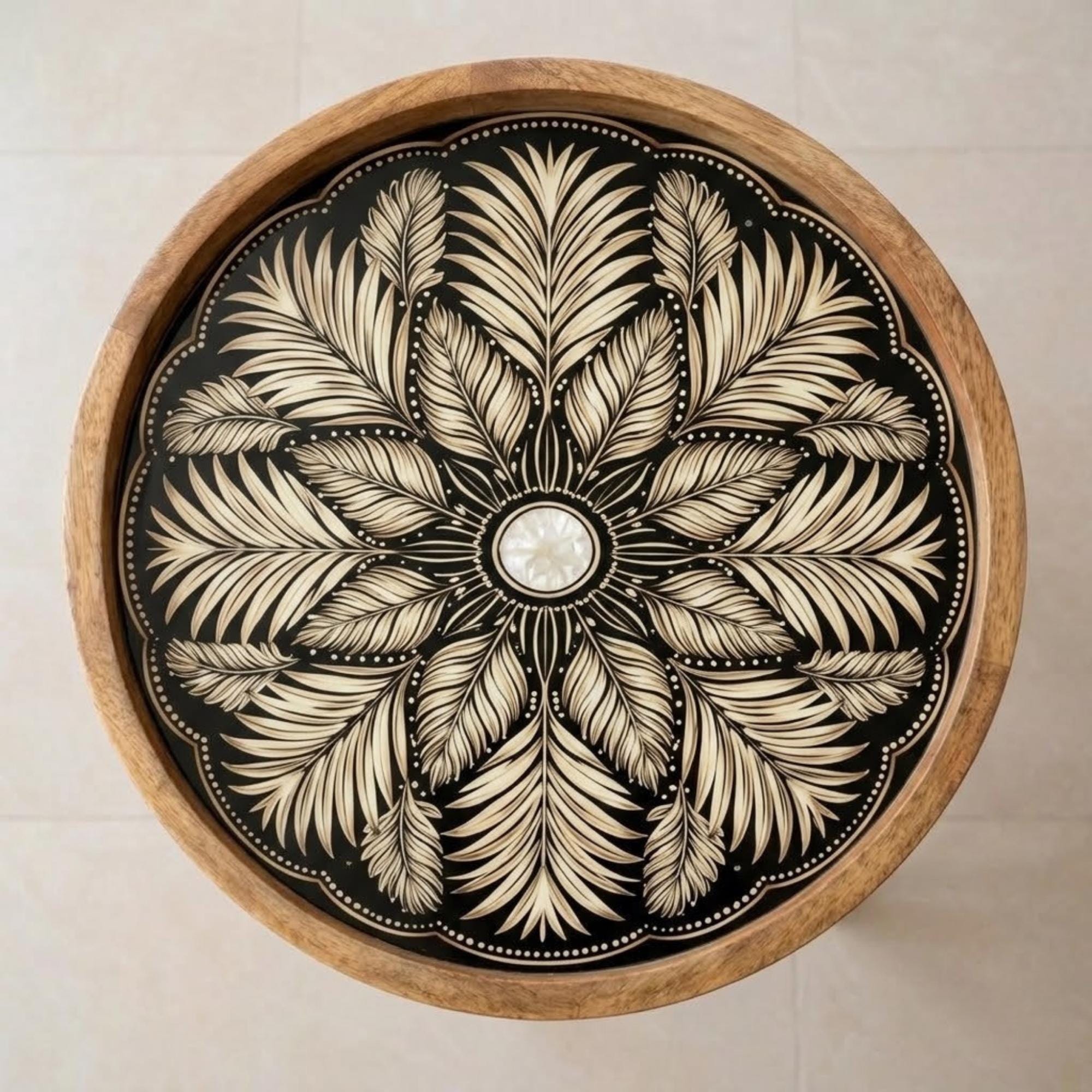 Handmade Mango Wood Side Table | Round Floral Boho Accent Table