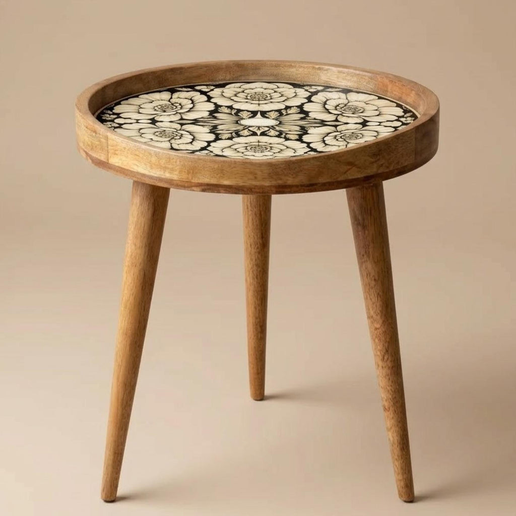 Handmade Mango Wood Side Table | Floral Print Round Accent Bedside Table