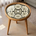 Handmade Mango Wood Side Table | Floral Print Round Accent Bedside Table