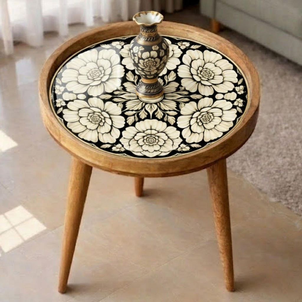 Handmade Mango Wood Side Table | Floral Print Round Accent Bedside Table