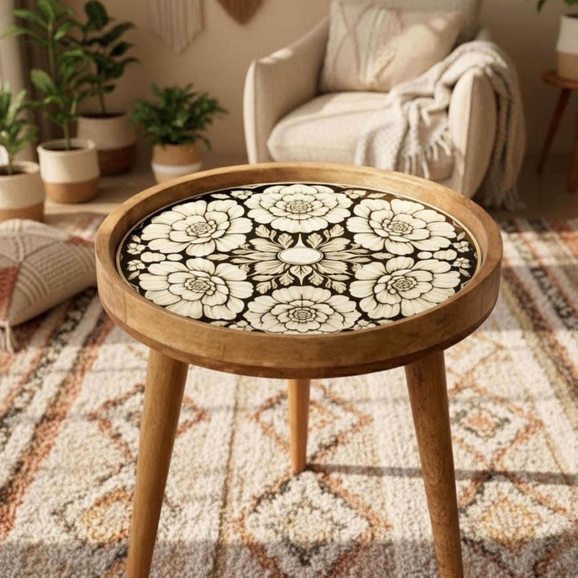 Handmade Mango Wood Side Table | Floral Print Round Accent Bedside Table