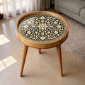 Handcrafted Mango Wood Side Table | Round Printed Accent Table | Boho Living Room Bedside Furniture