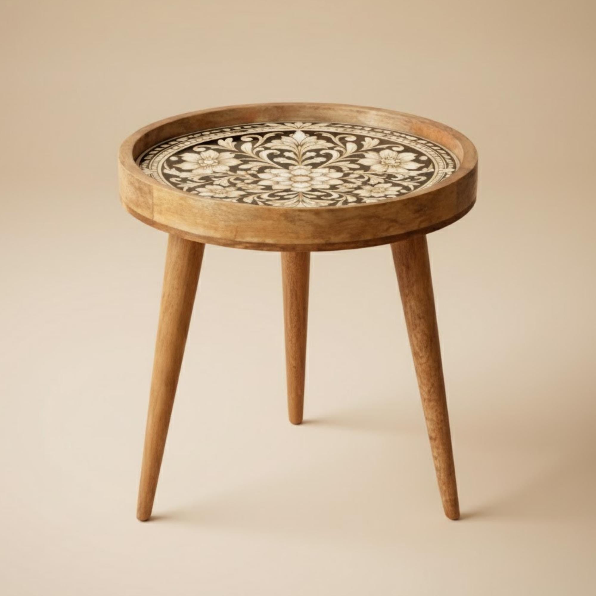 Handmade Mango Wood Side Table | Floral Printed Round Accent Table | Boho Bedside Furniture