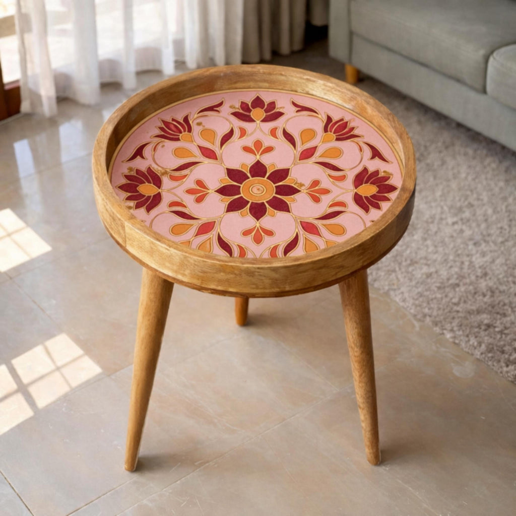 Handmade Pink Floral Mango Wood Round Side Table | Boho Accent Furniture