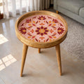 Handmade Pink Floral Mango Wood Round Side Table | Boho Accent Furniture