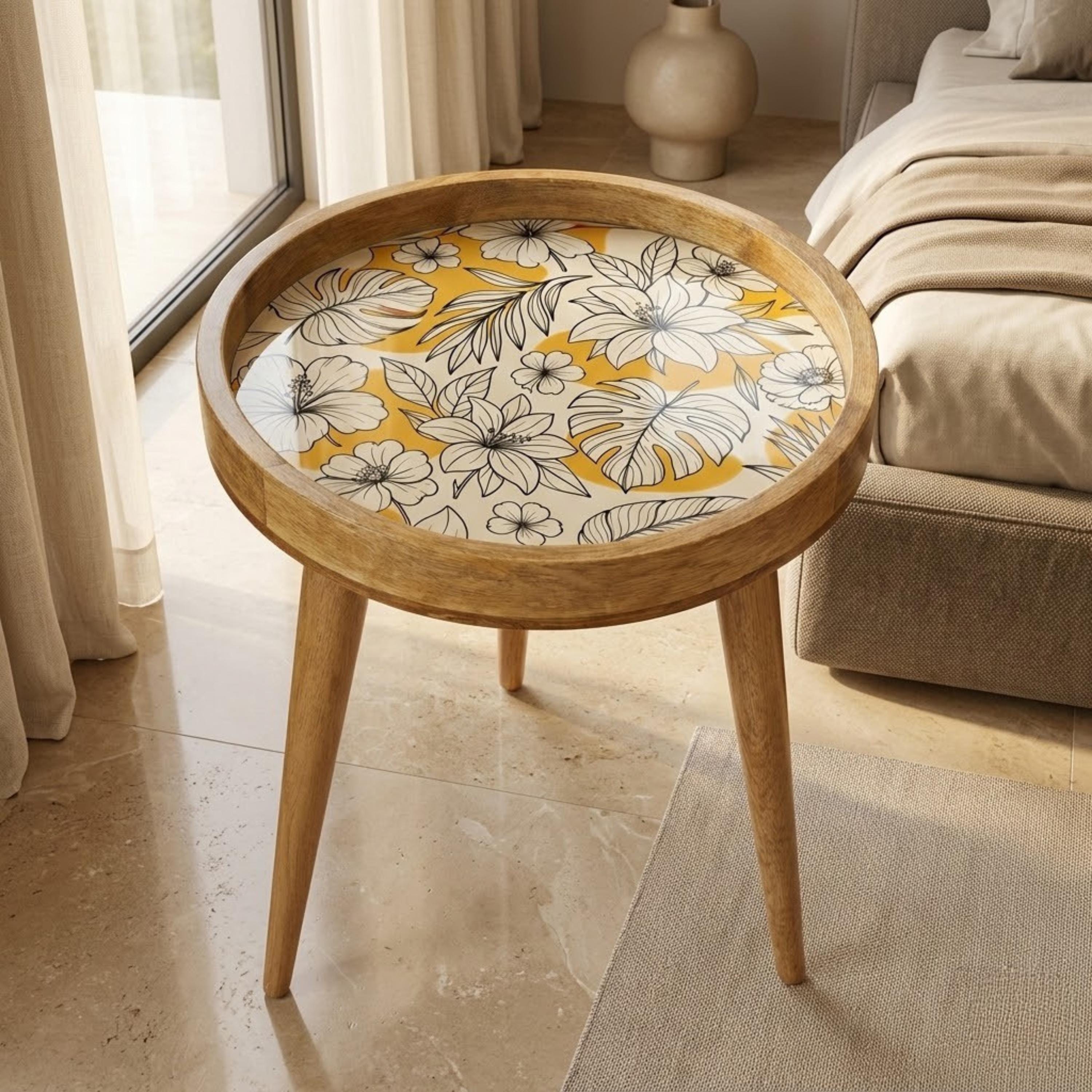 Handmade Printed Mango Wood Side Table | Yellow Floral Round End Table | Boho Accent Furniture