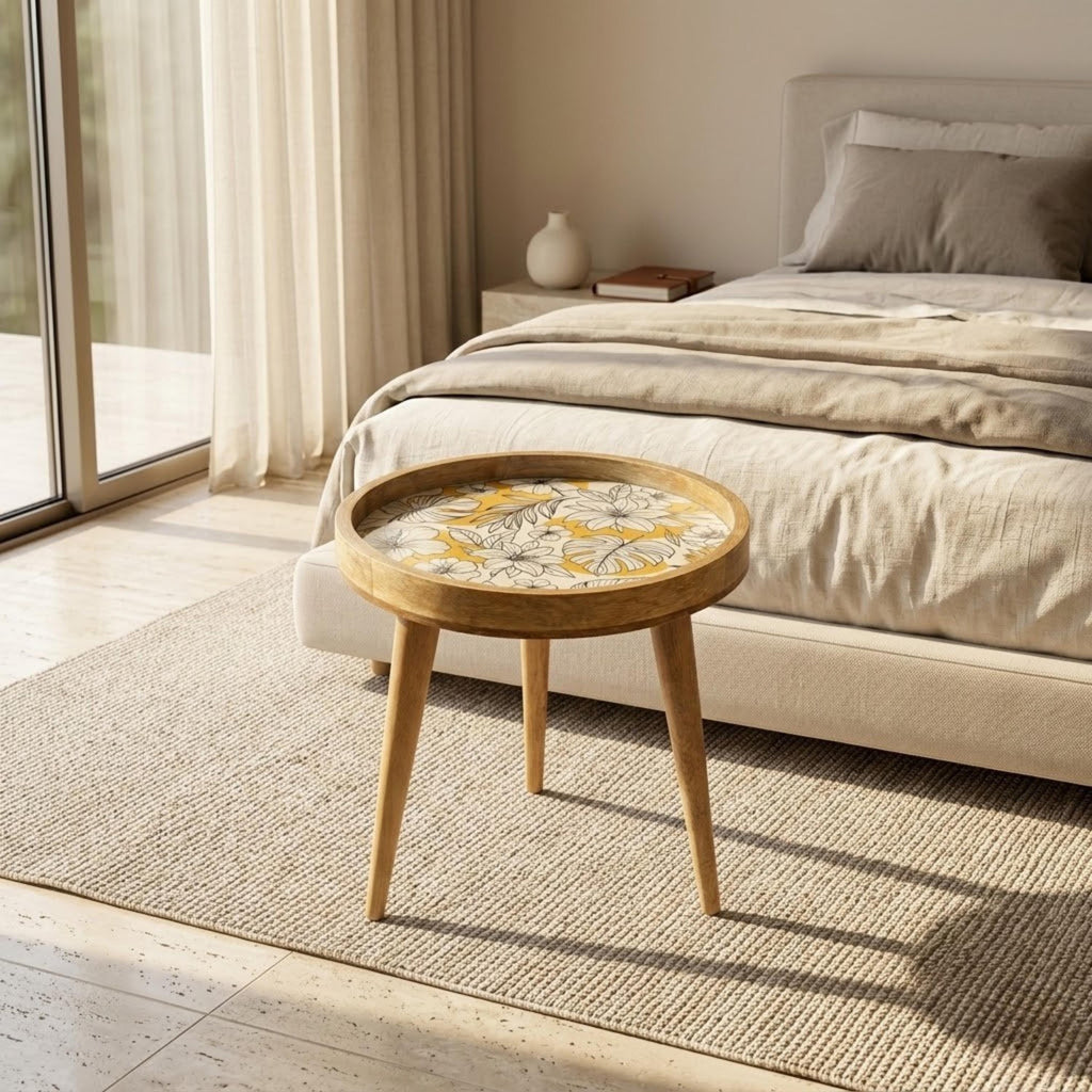 Handmade Printed Mango Wood Side Table | Yellow Floral Round End Table | Boho Accent Furniture