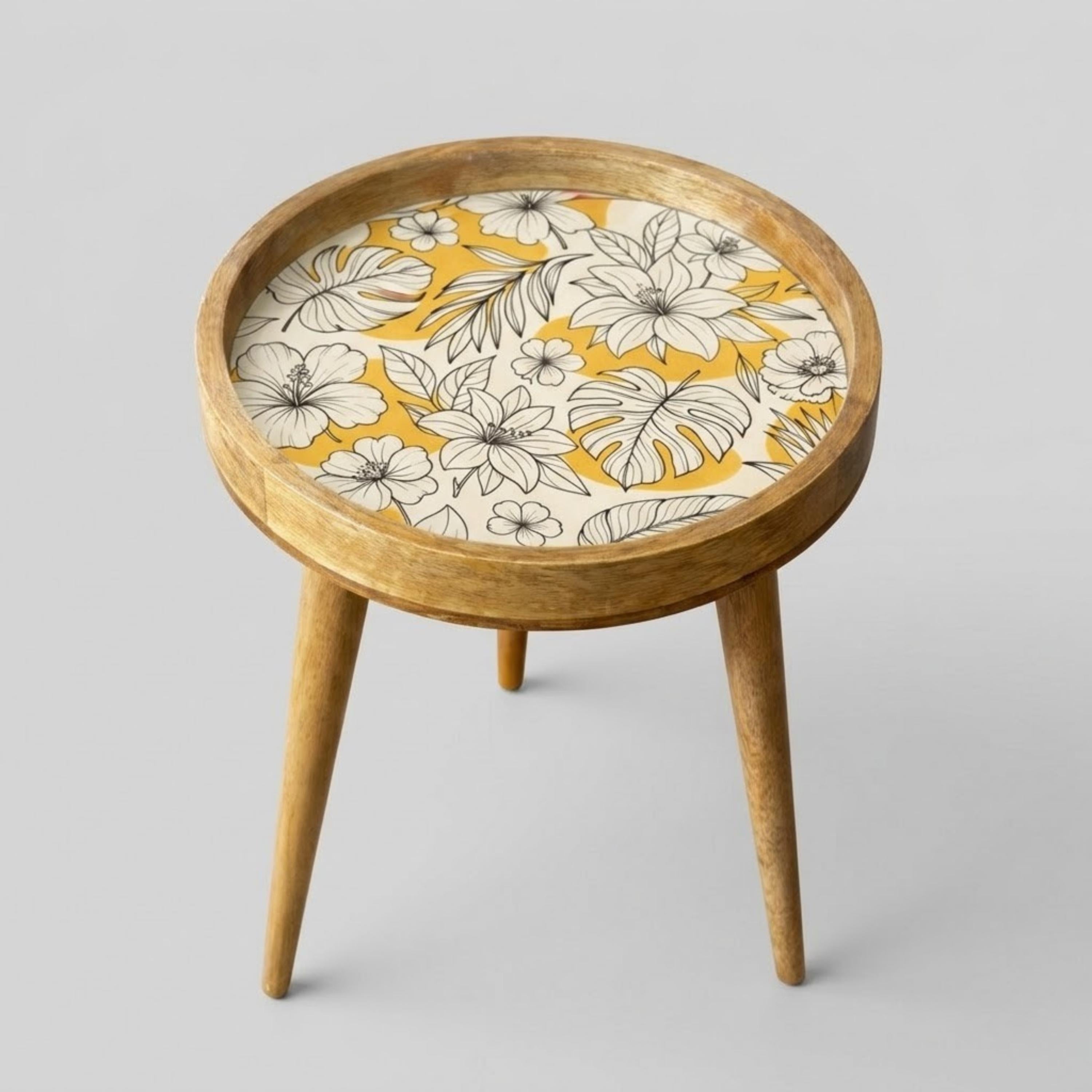 Handmade Printed Mango Wood Side Table | Yellow Floral Round End Table | Boho Accent Furniture