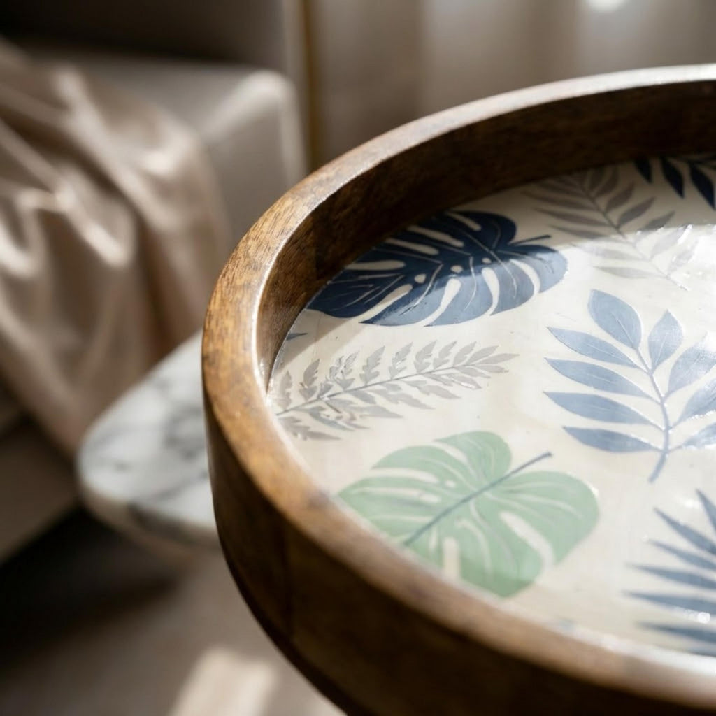 Handmade Printed Mango Wood Side Table | Botanical Leaf Round End Table | Boho Accent Furniture