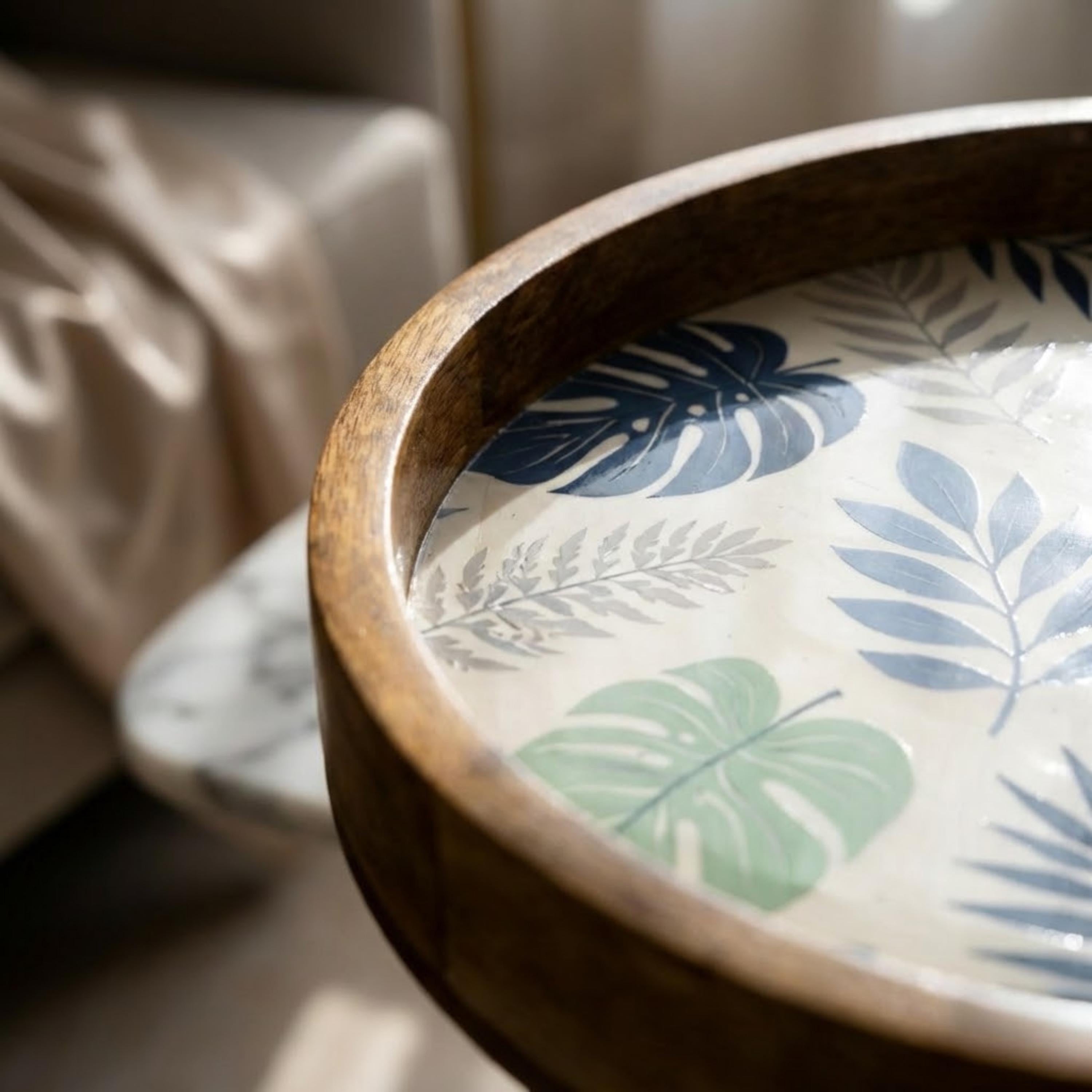 Handmade Printed Mango Wood Side Table | Botanical Leaf Round End Table | Boho Accent Furniture