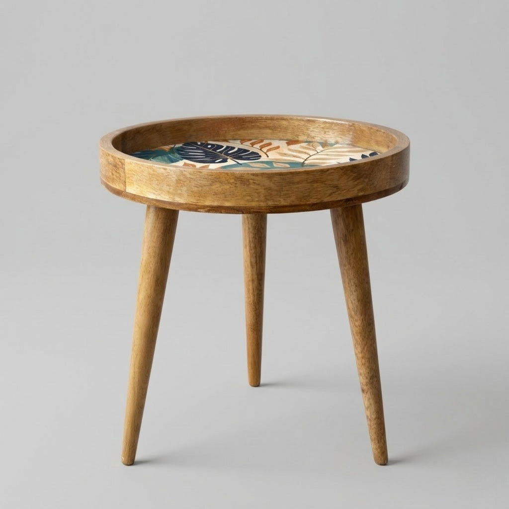 Handmade Printed Mango Wood Side Table | Tropical Leaf Round End Table | Boho Accent Furniture
