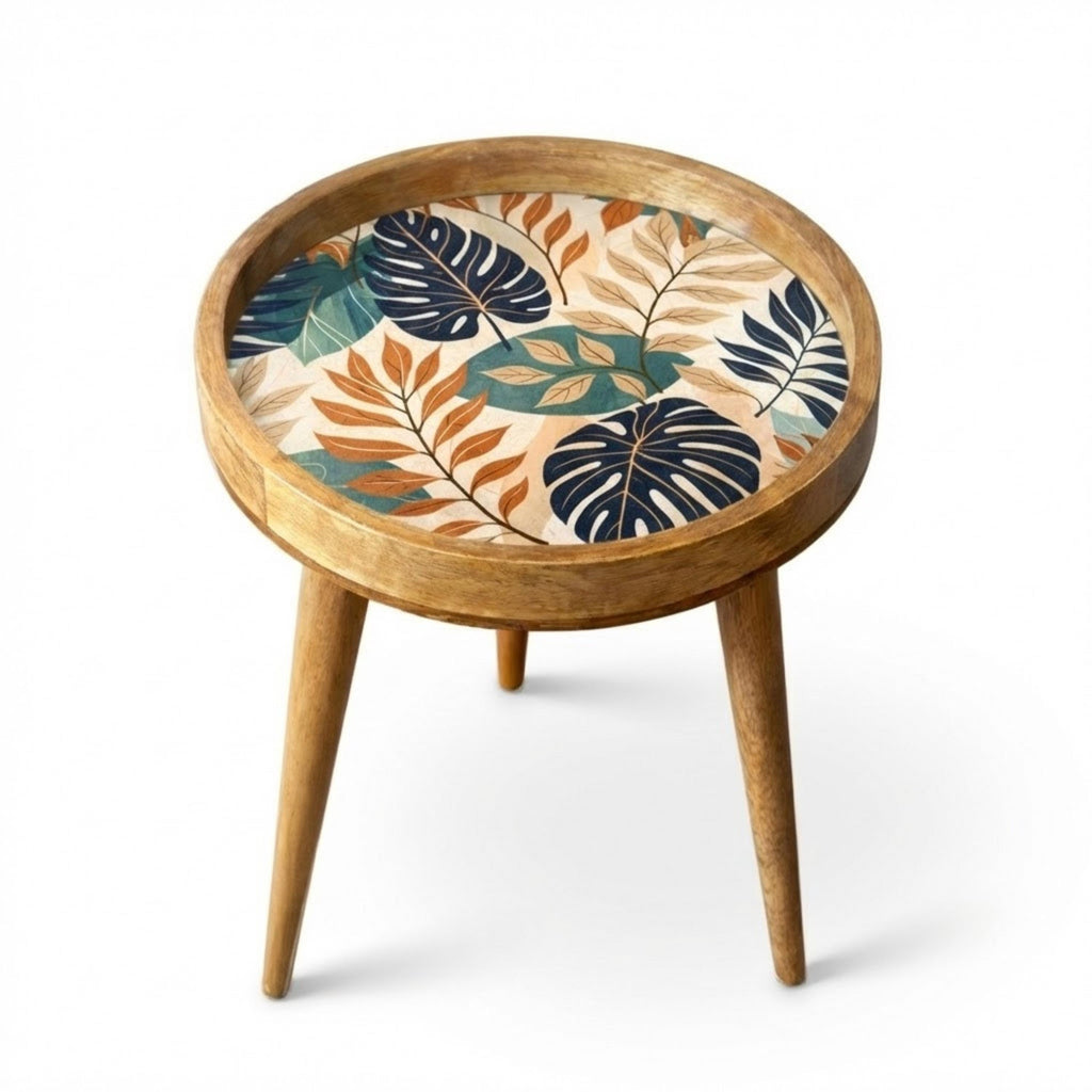 Handmade Printed Mango Wood Side Table | Tropical Leaf Round End Table | Boho Accent Furniture
