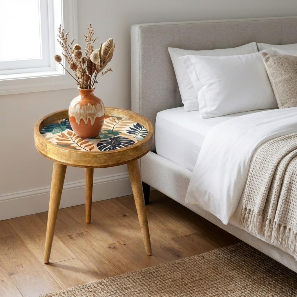 Handmade Printed Mango Wood Side Table | Tropical Leaf Round End Table | Boho Accent Furniture