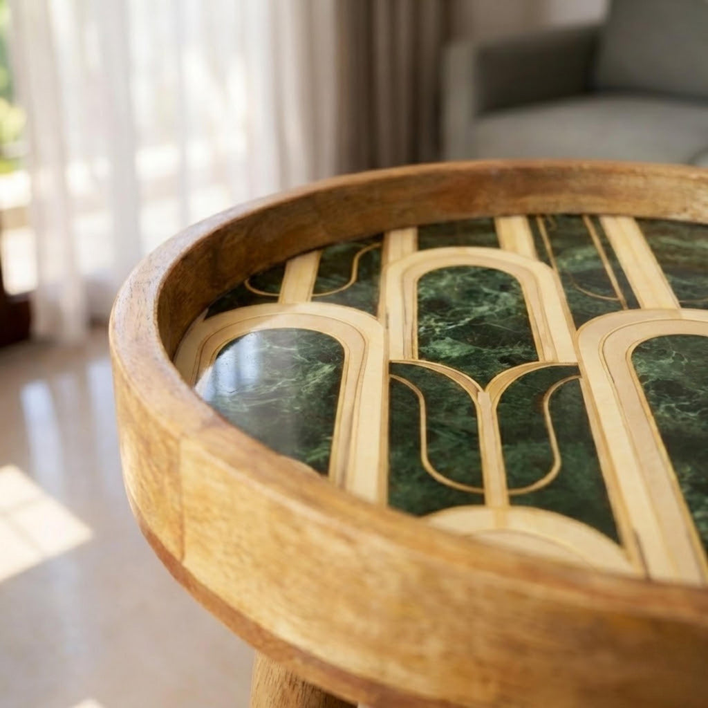 Round Mango Wood Printed End Table | Green Marble Pattern Side Table | Modern Glam Decor