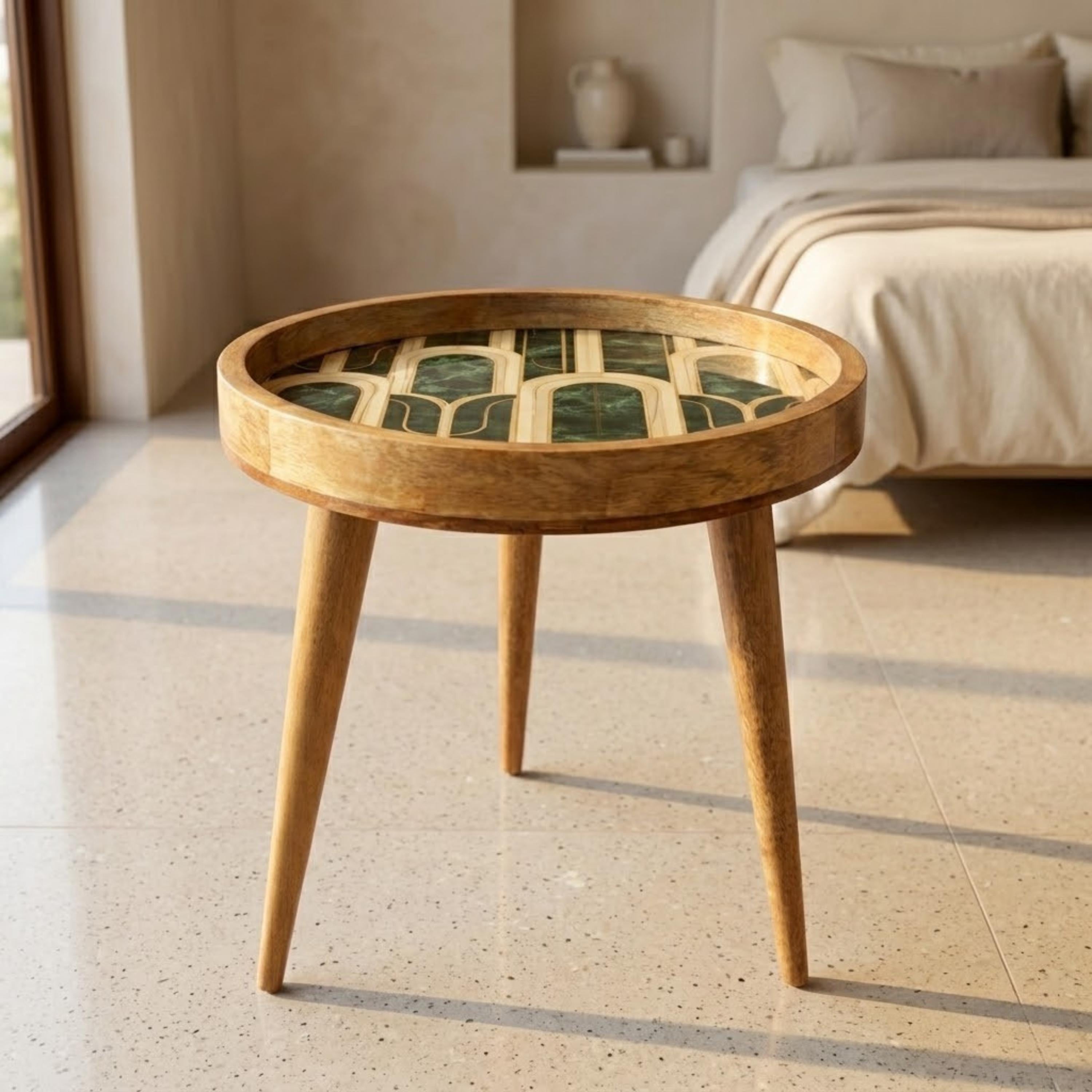 Round Mango Wood Printed End Table | Green Marble Pattern Side Table | Modern Glam Decor