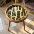 Round Mango Wood Printed End Table | Green Marble Pattern Side Table | Modern Glam Decor