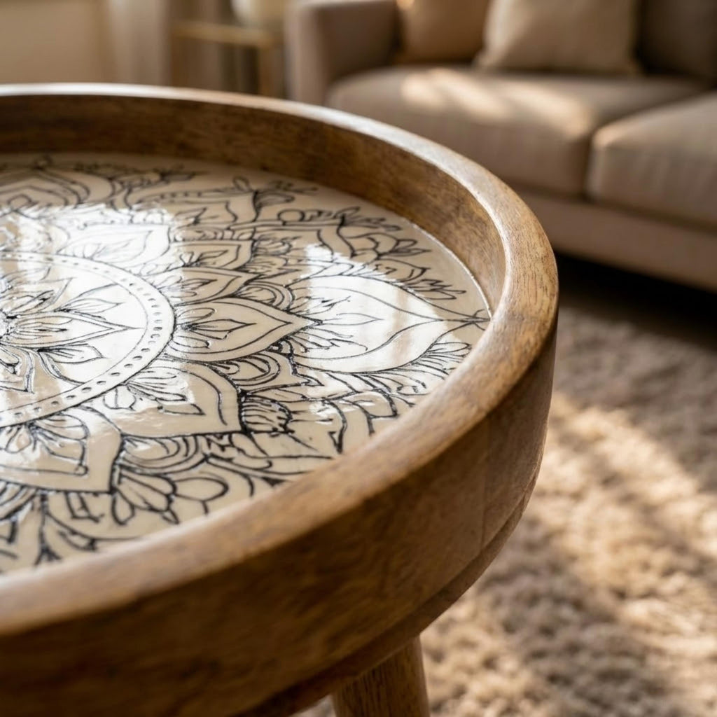 Round Mango Wood Printed End Table | Black White Mandala Side Table | Modern Boho Decor