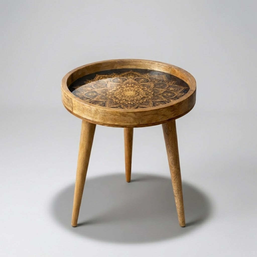 Round Mango Wood Printed End Table | Gold Mandala Side Table | Boho Glam Decor