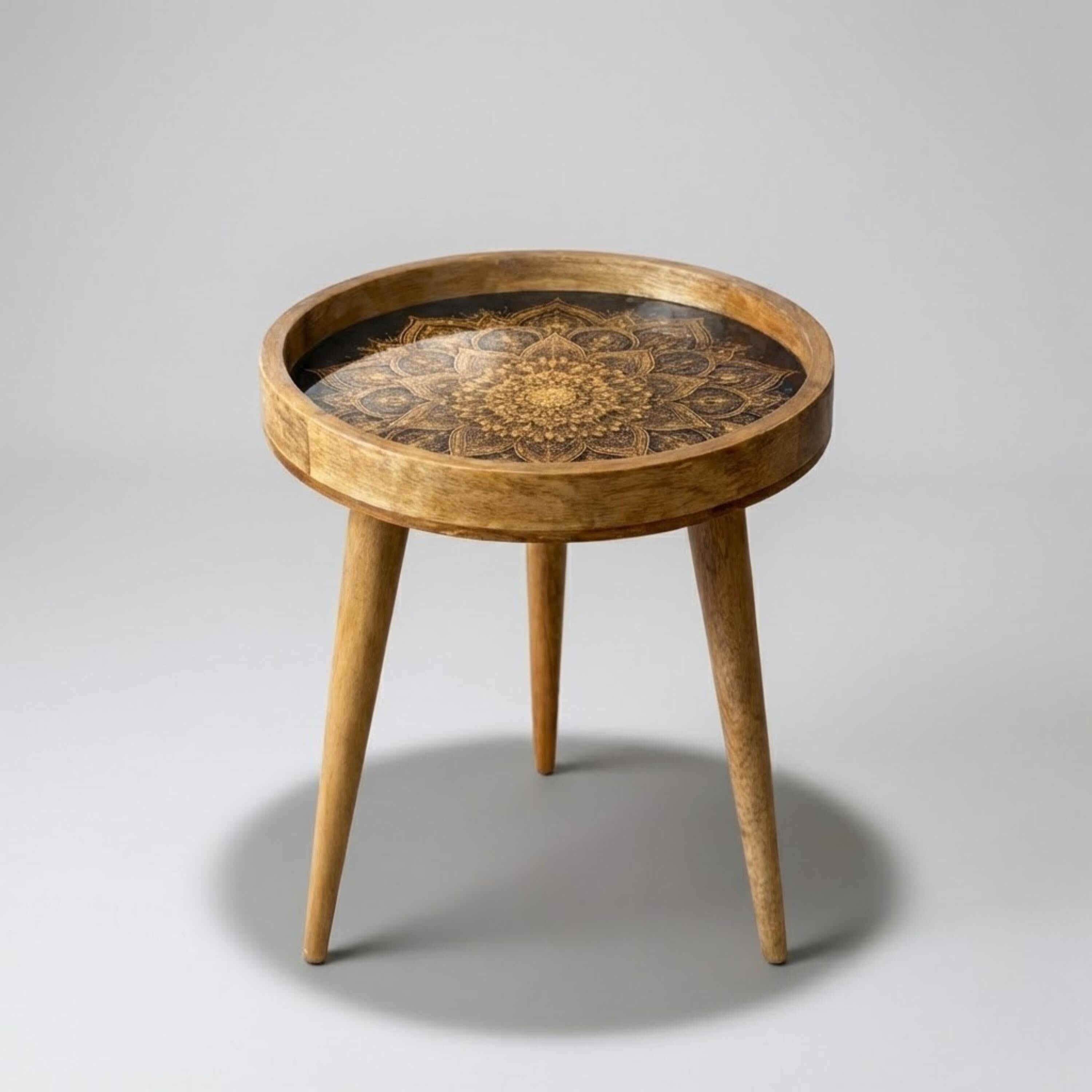 Round Mango Wood Printed End Table | Gold Mandala Side Table | Boho Glam Decor
