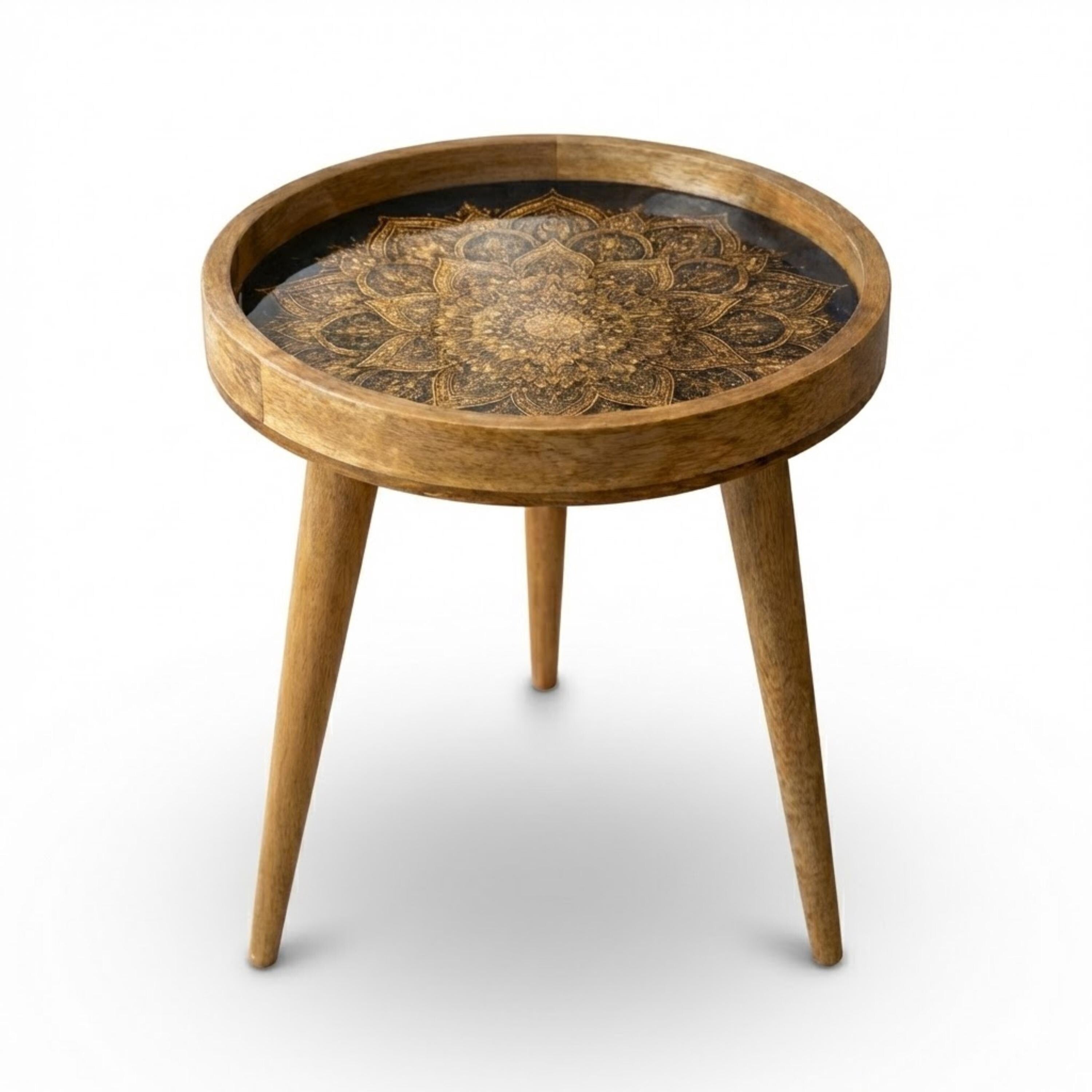 Round Mango Wood Printed End Table | Gold Mandala Side Table | Boho Glam Decor