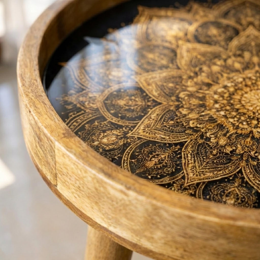 Round Mango Wood Printed End Table | Gold Mandala Side Table | Boho Glam Decor