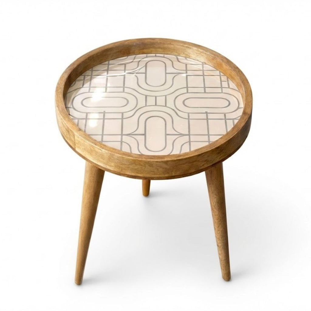 Round Mango Wood Printed End Table | Beige Geometric Side Table | Minimalist Decor
