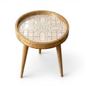 Round Mango Wood Printed End Table | Beige Geometric Side Table | Minimalist Decor