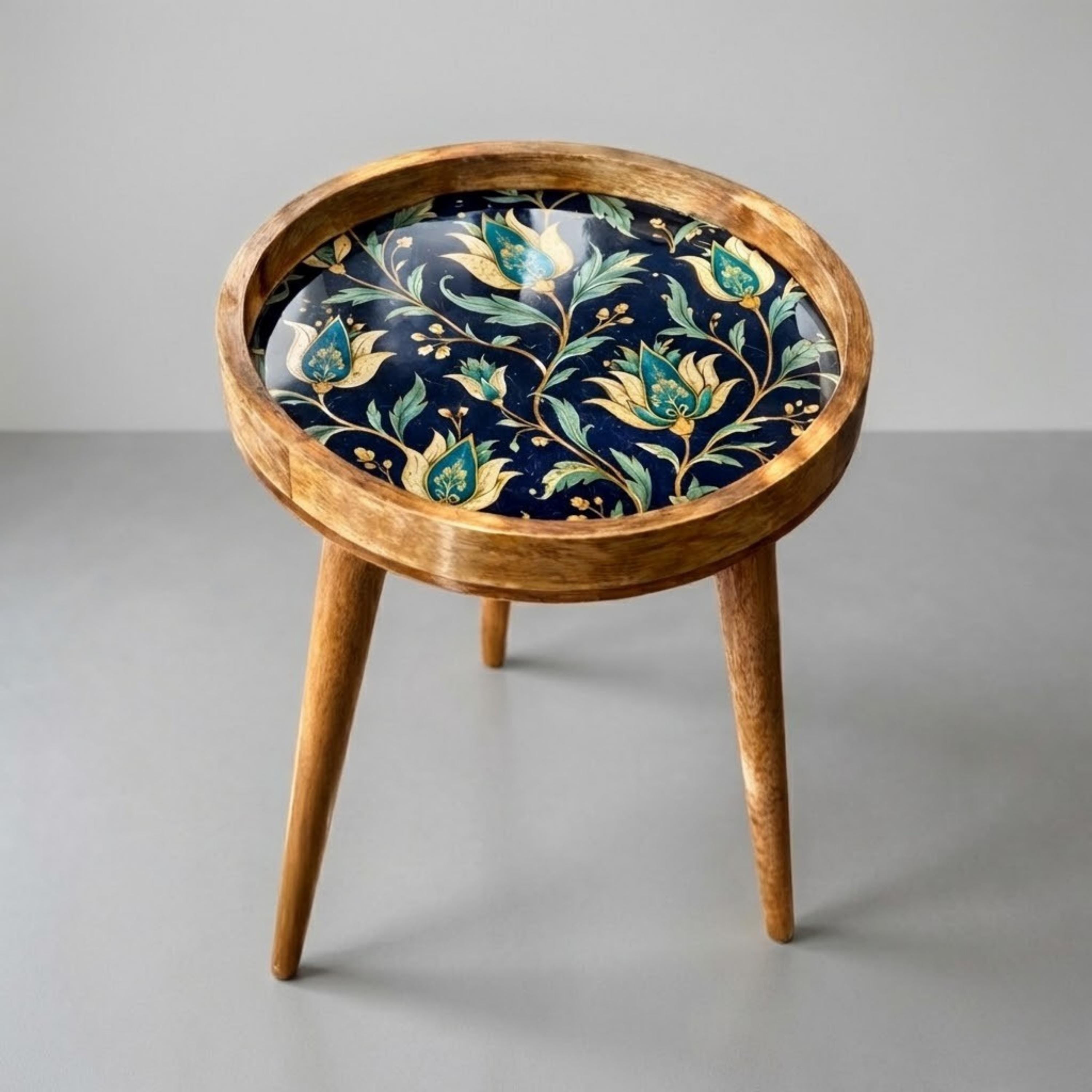 Handmade Printed Mango Wood Side Table | Navy Floral Round End Table | Boho Accent Furniture