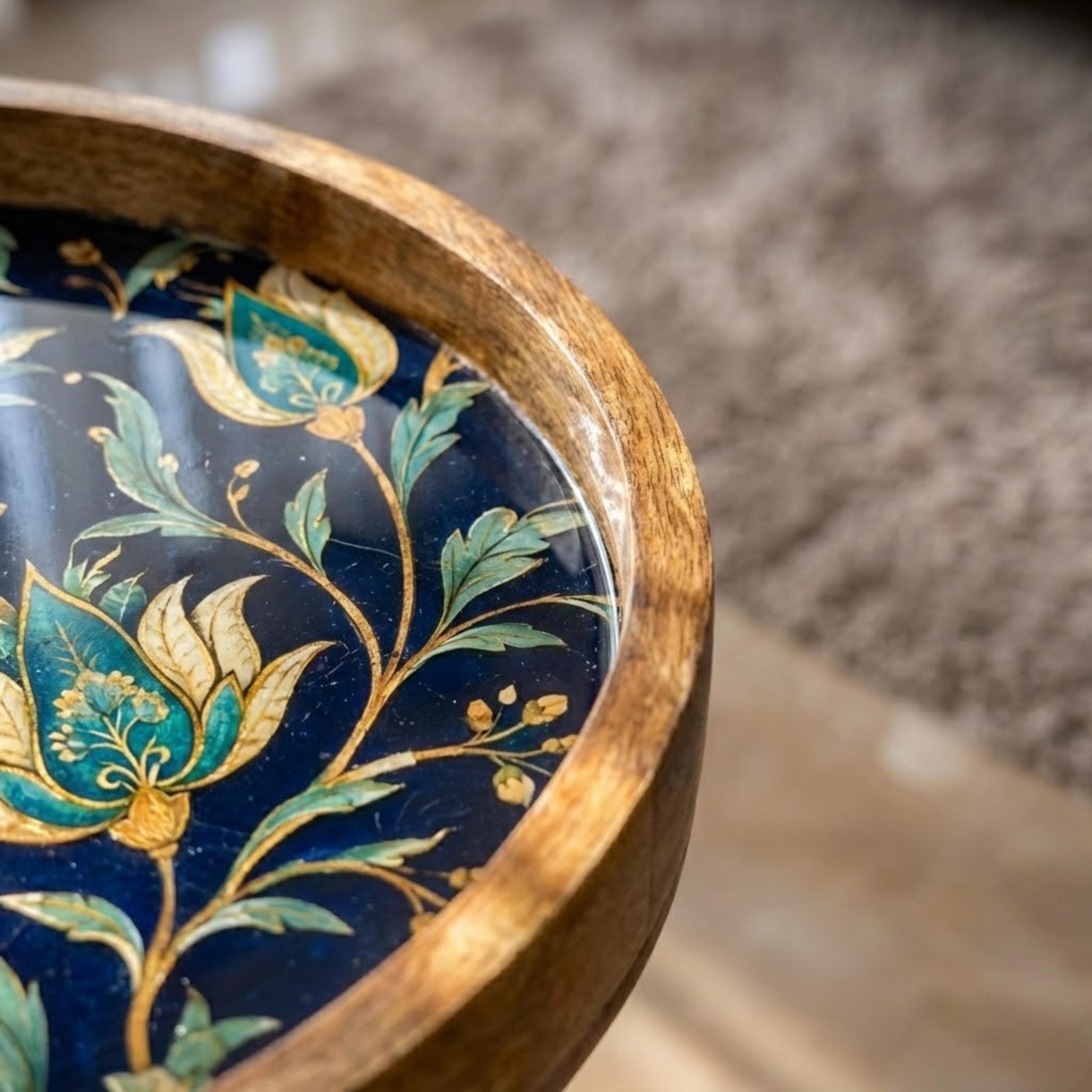 Handmade Printed Mango Wood Side Table | Navy Floral Round End Table | Boho Accent Furniture