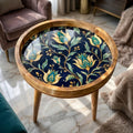 Handmade Printed Mango Wood Side Table | Navy Floral Round End Table | Boho Accent Furniture