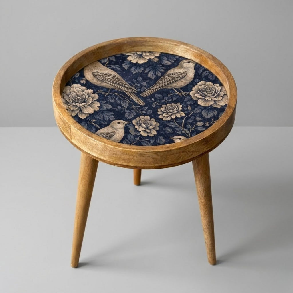 Handmade Mango Wood Side Table | Blue Bird Floral Round Accent Furniture
