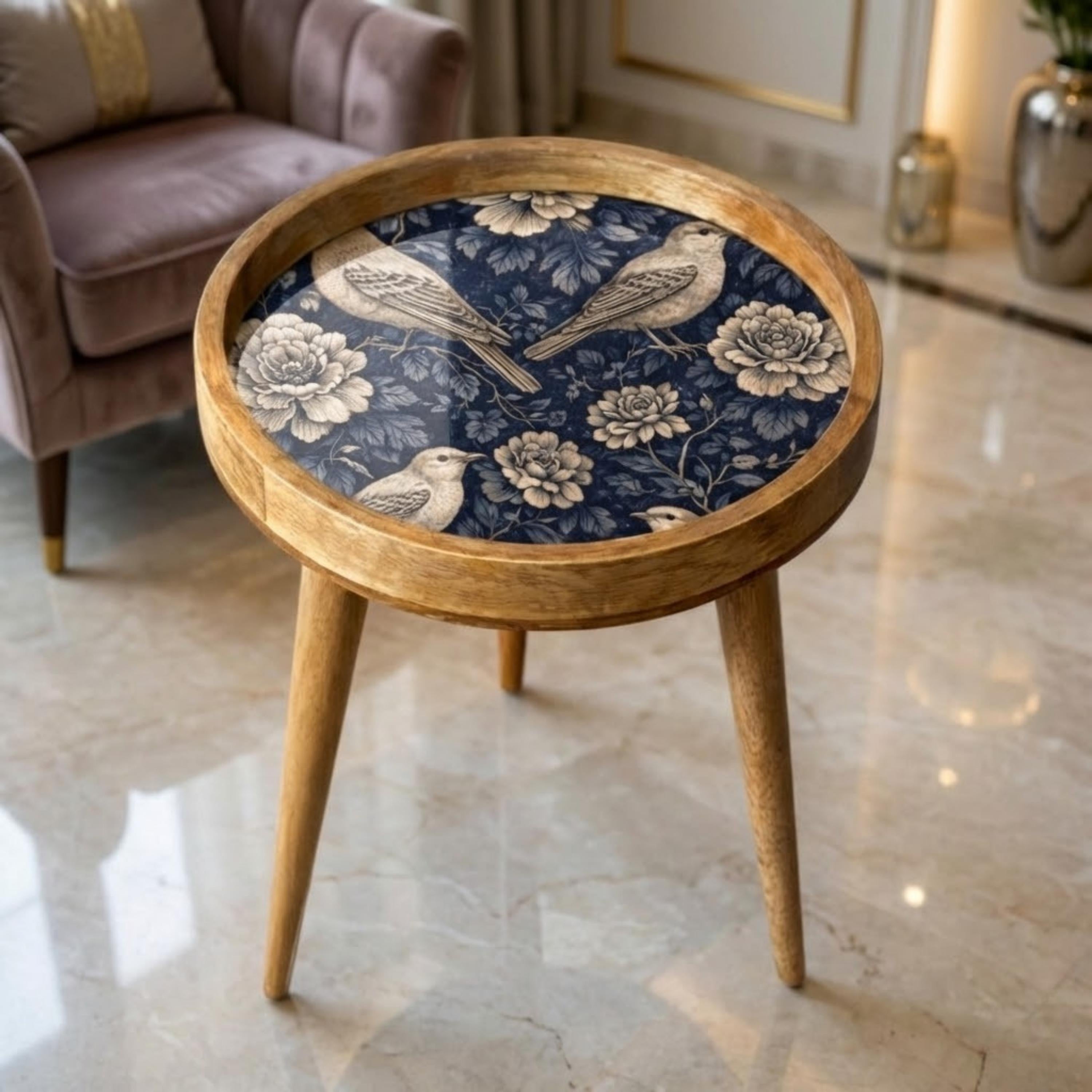 Handmade Mango Wood Side Table | Blue Bird Floral Round Accent Furniture