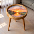 Handmade Printed Mango Wood Side Table | Sunset Landscape Round End Table | Artistic Accent Furniture