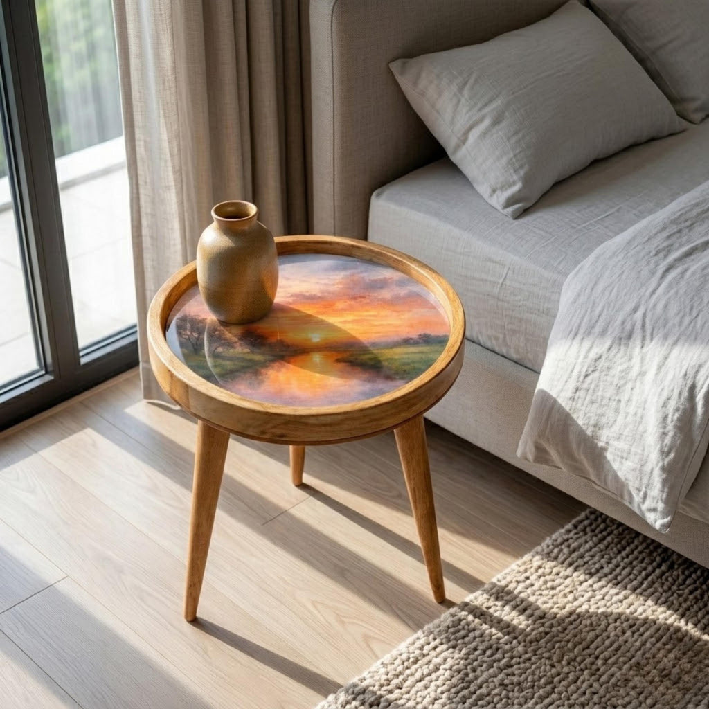 Handmade Printed Mango Wood Side Table | Sunset Landscape Round End Table | Artistic Accent Furniture
