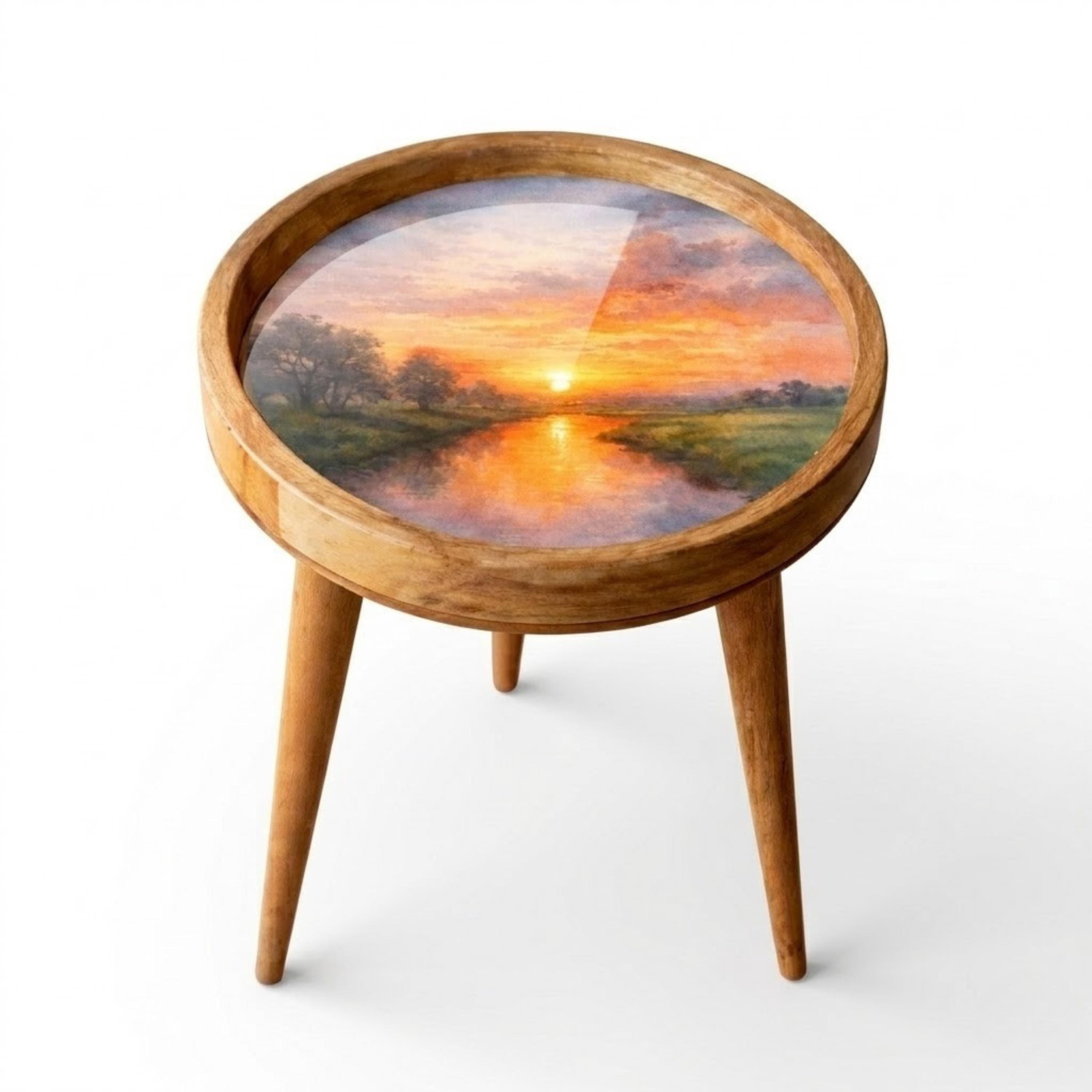 Handmade Printed Mango Wood Side Table | Sunset Landscape Round End Table | Artistic Accent Furniture