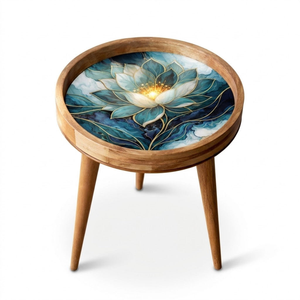 Handmade Mango Wood Side Table | Blue Lotus Art Accent Table | Boho Meditation Decor