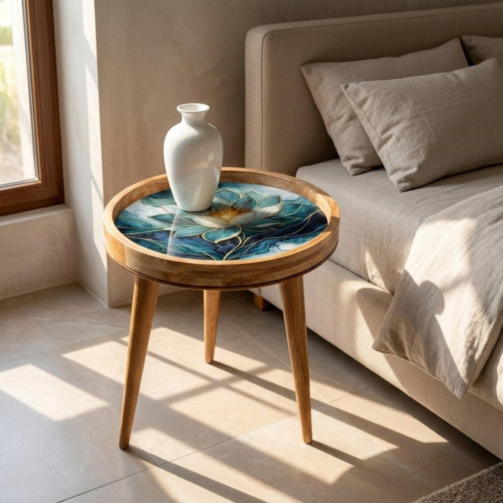 Handmade Mango Wood Side Table | Blue Lotus Art Accent Table | Boho Meditation Decor