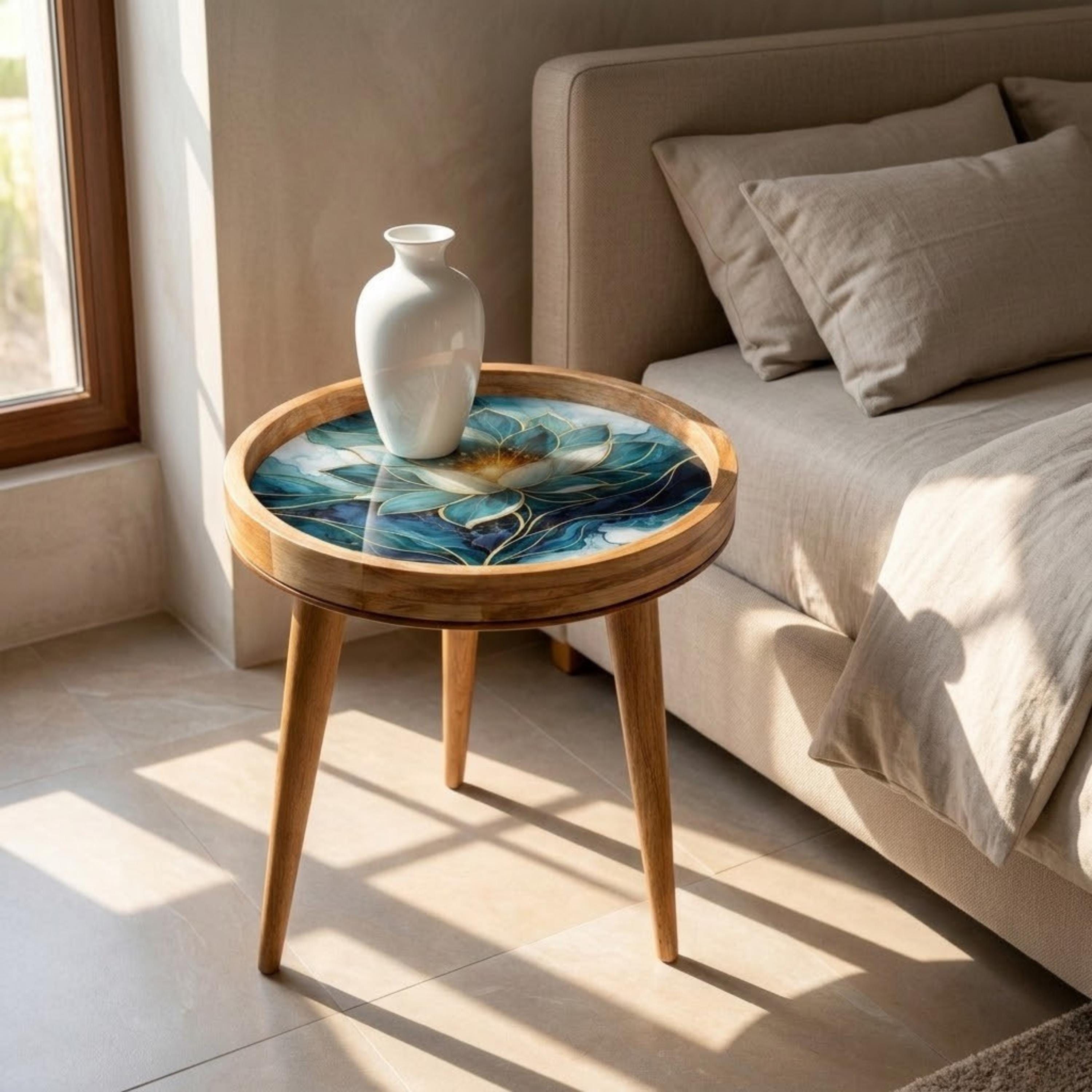 Handmade Mango Wood Side Table | Blue Lotus Art Accent Table | Boho Meditation Decor