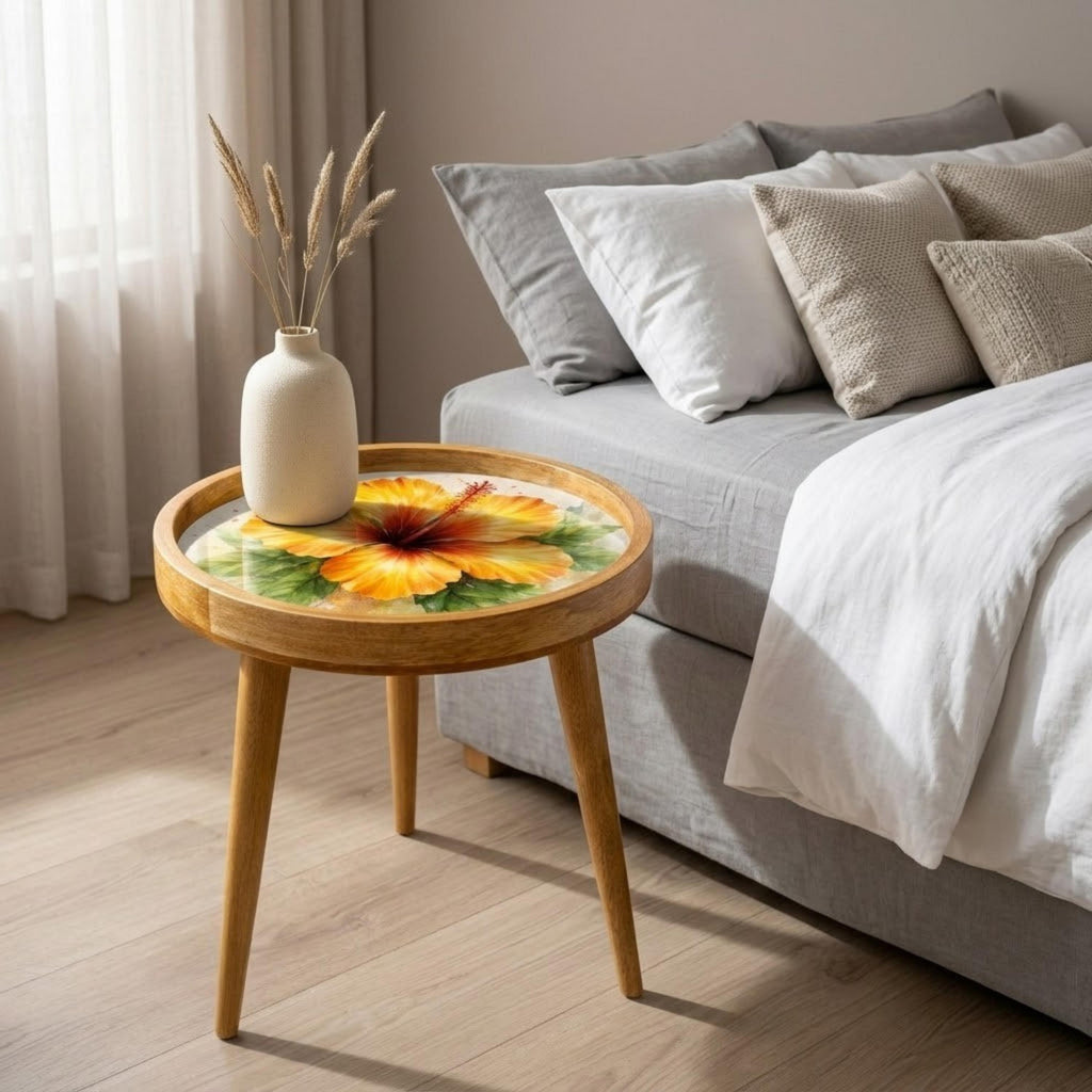 Handmade Mango Wood Side Table with Hibiscus Print | Round Boho Accent Table