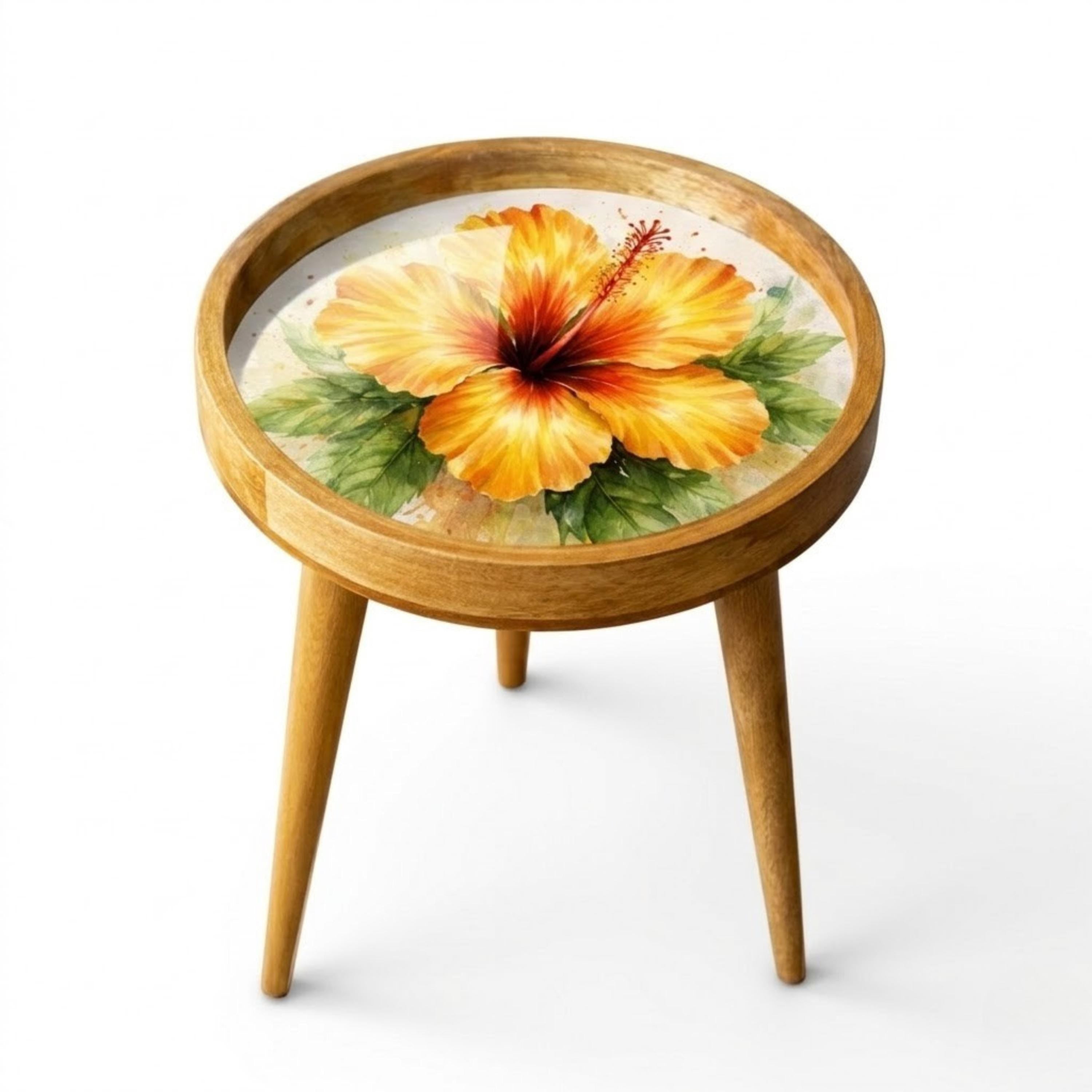 Handmade Mango Wood Side Table with Hibiscus Print | Round Boho Accent Table