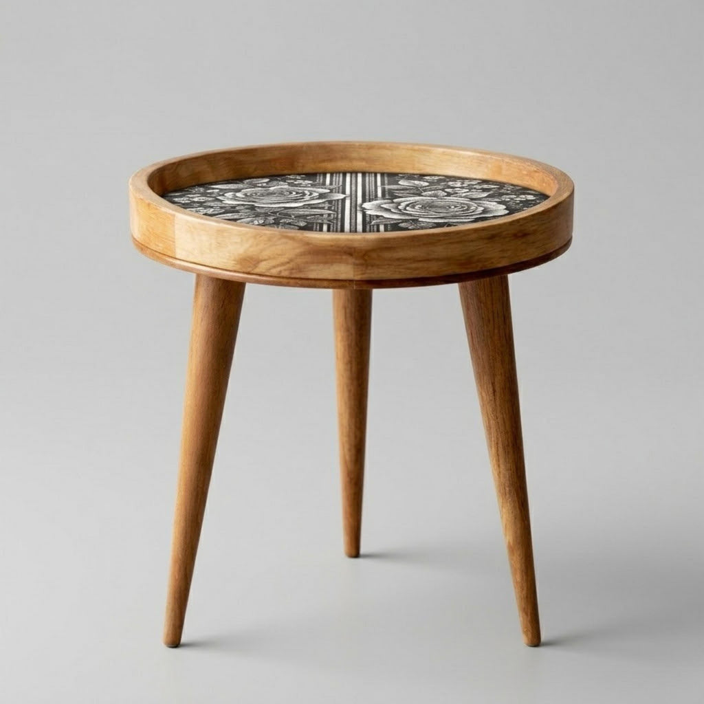 Handmade Mango Wood Side Table | Black White Rose Print Boho Accent Furniture