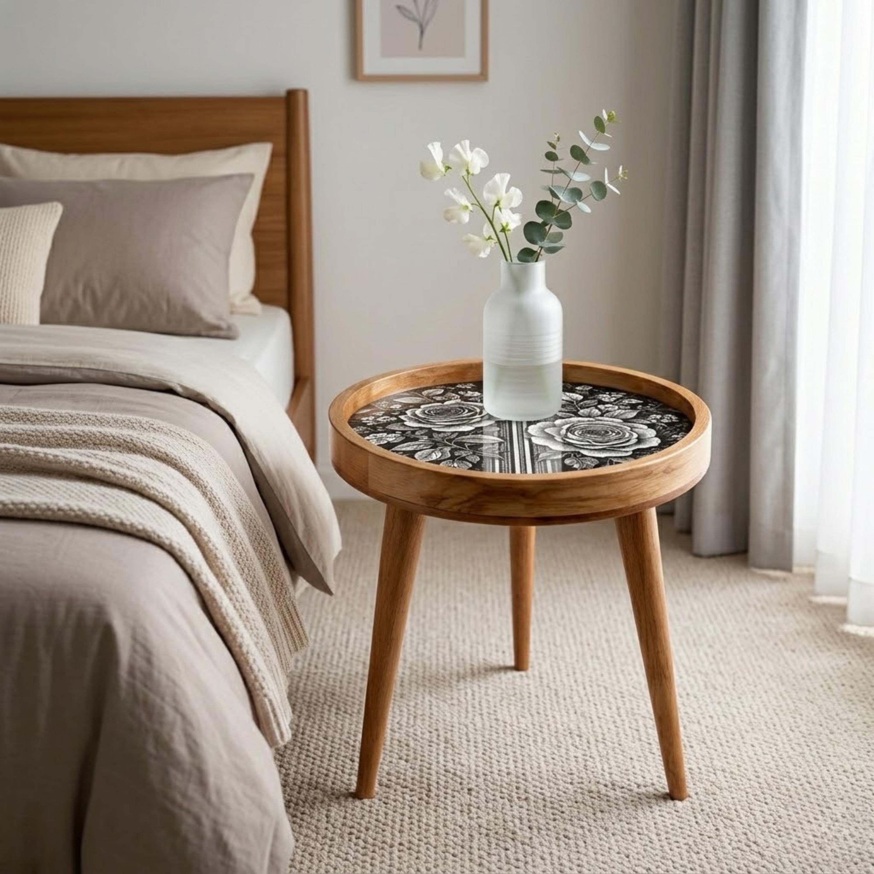 Handmade Mango Wood Side Table | Black White Rose Print Boho Accent Furniture